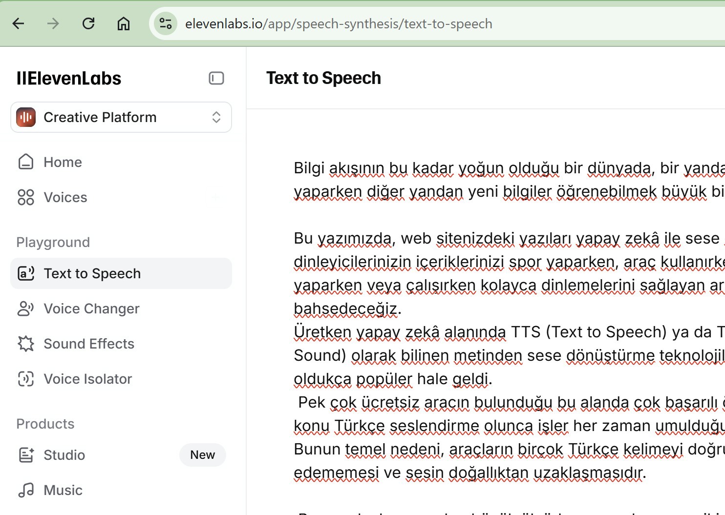 elevenlabs metni sese dönüştürme